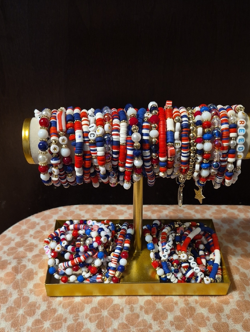 USA PATRIOTIC BRACELET 🇺🇲 Fimo Clay, Dangles, & Faceted Art BEADS 🇺🇲 Stretch